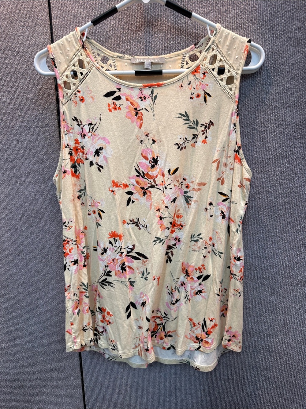 Daniel Rainn Beige Floral Crochet-Shoulder Tank
